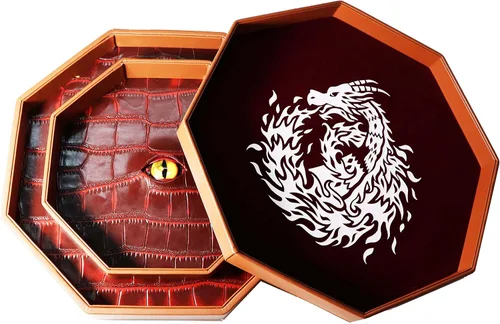 Vista 3 de Fantasydice Bandeja de dados de ojo de dragón de fuego de 12 pulgadas con tapa, octágono extragrande con área de preparación de dados, capacidad