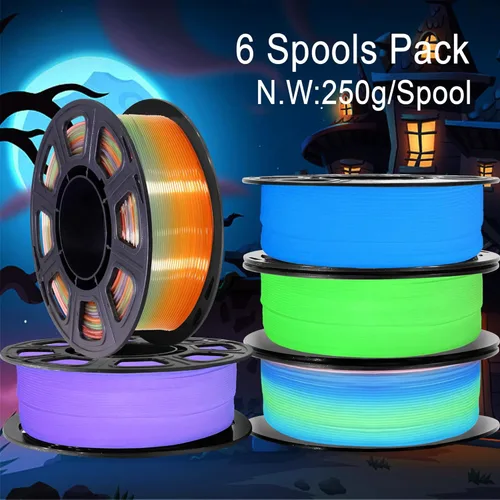 Vista 3 de Paquete de filamento PLA de 1.75 mm para impresora 3D: Brilla en verde oscuro/azul/púrpura/arco iris, un carrete transparente multicolor, cada