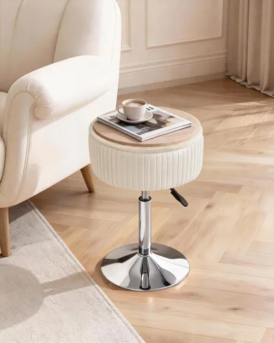 Vista 4 de LITZFUR Taburete de tocador ajustable con almacenamiento, silla giratoria de 360°, reposapiés otomano redondo pequeño de terciopelo para baño, sala