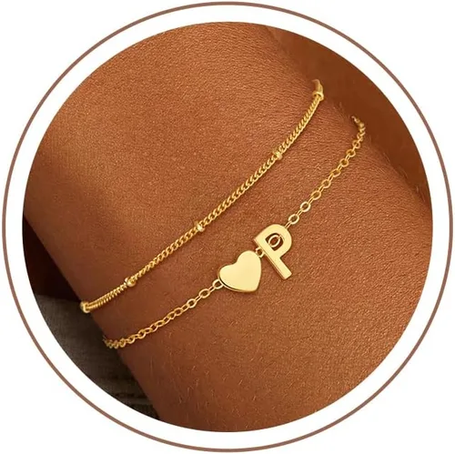 Vista 21 de Pulseras con iniciales de oro para mujeres y niñas, chapado en oro de 18 quilates, pulsera con inicial de corazón para adolescentes, regalos