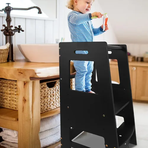 Vista 4 de Ecomex Taburete de cocina para niños pequeños con riel de seguridad, torre auxiliar pequeña de altura ajustable para encimera de cocina y fregadero