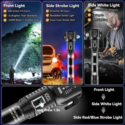 Vista 4 de Martillo de seguridad para auto de 18 en 1, linterna recargable por energía solar/USB, alta luminosidad con encendedor eléctrico, rompedor