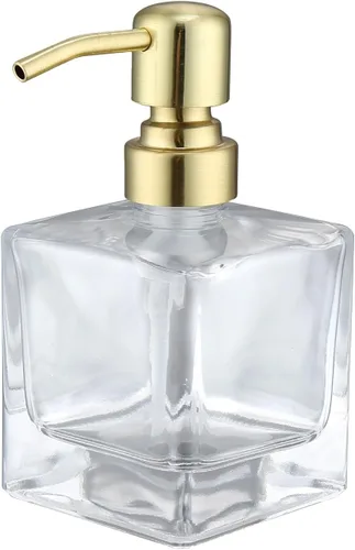 Vista 21 de Dispensador de jabón cuadrado para baño, botella ámbar con bomba negra, cubo de retángulo, botellas de vidrio de 8.4 onzas con bomba de acero