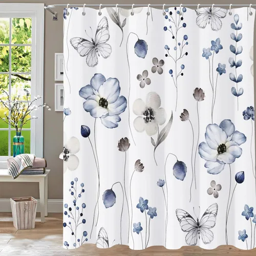 Vista 23 de Cortina de ducha de eucalipto azul para baño, juego de cortinas de ducha de hojas de acuarela, cortina de ducha impermeable para plantas, tela