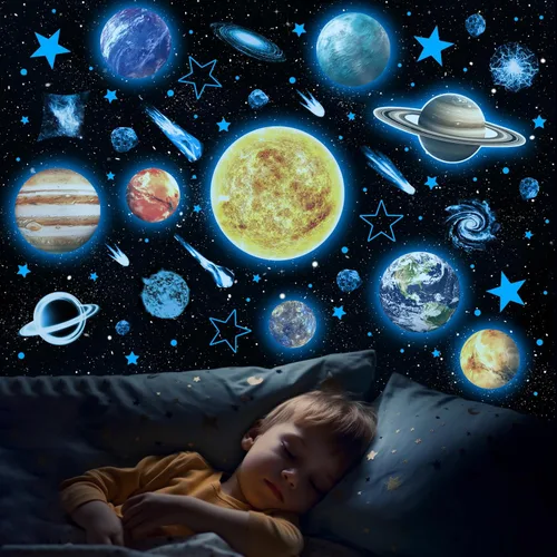 Vista 10 de Calcomanías de pared del sistema solar de acuarela, estrellas que brillan en la oscuridad, pegatinas de planetas para niños para el techo