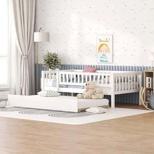 Vista 31 de P PURLOVE Sofá cama matrimonial con nido, marco de sofá cama con barandillas de valla, sofá cama de madera para niños, niñas y adolescentes jóvenes