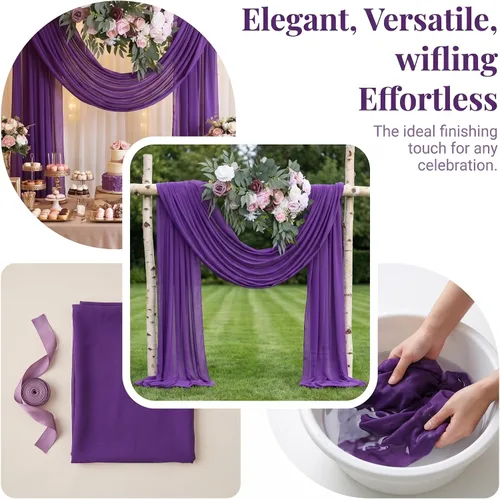 Vista 5 de Pardecor Tela de gasa para arco de boda, 2 paneles de 6 yardas, ceremonia morada al aire libre, 29 x 18 pies de largo, cortina de tul para arco