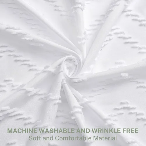 Vista 2 de Cortina de ducha minimalista bohemia extra larga con borlas para baño, tela tejida de 84 pulgadas, rayas cheurones copetudas, 72 x 84 pulgadas