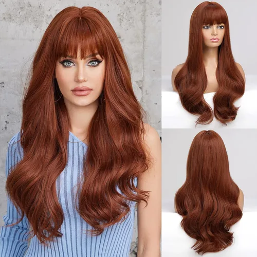 Vista 22 de HAIRCUBE Peluca de color marrón a rubio con flequillo para mujer, peluca de cabello largo ondulado marrón y rubio, pelucas sintéticas rizadas