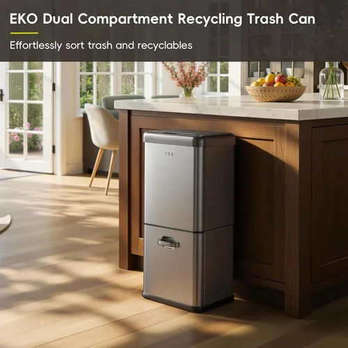 Vista 3 de Cubo de basura EKO Vintage de 50L / 13.2 galones con sensor de movimiento, con doble compartimento de 32L + 18L, bote de basura de acero inoxidable