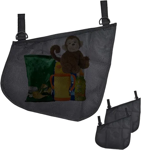 Vista 5 de Paquete de 2 redes universales de malla para cochecito lateral y organizador, espacio de almacenamiento extra para cochecito, correas