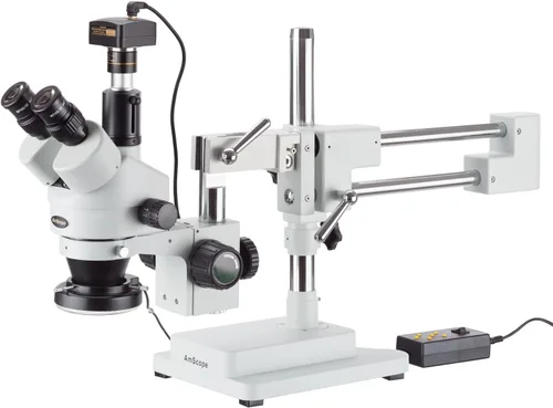 AmScope Microscopio estéreo trinocular 3.5X-90X con luz de anillo de 4 zonas 144 LED + cámara de 5MP