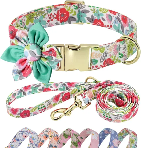 Vista 9 de Beirui Lindo juego de collar y correa para perras hembras, collar floral de perro con flor para perros pequeños, medianos y grandes, cachorros, XS