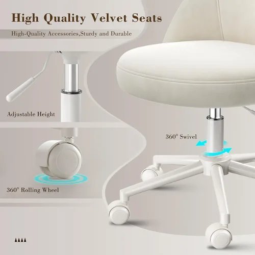 Vista 8 de EnHomee Silla de tocador con ruedas y respaldo cómodo, bonita silla de escritorio sin brazos con giratorio ajustable para oficina en casa, Blanco