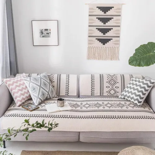 Vista 2 de vctops Funda de sofá de lino y algodón con estampado geométrico bohemio, lavable, resistente a las manchas, protector de muebles para niños, perros