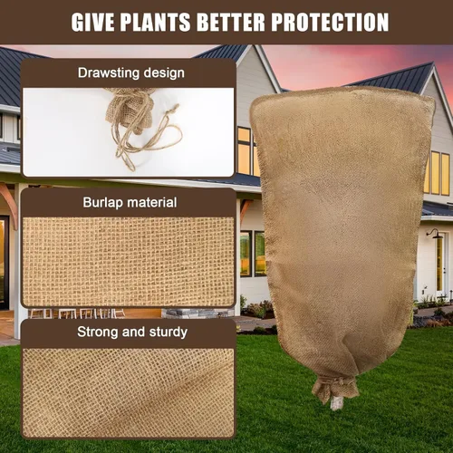 Vista 3 de 1 pieza cubierta de arpillera para plantas de invierno de 45.3 x 70.9 pulgadas, bolsas grandes de arpillera con cordón, cubiertas reutilizables