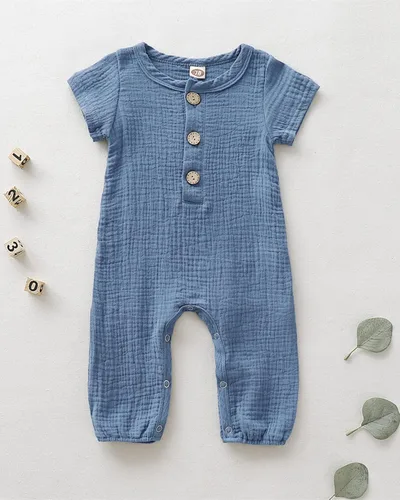 Vista 2 de Saeaby Ropa de bebé para recién nacido, traje de algodón y lino, manga corta, mameluco de una pieza, ropa de bebé