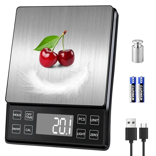 Báscula digital de alimentos con 0.01 oz/0.1 g de alta precisión, báscula de cocina de 11 lb/5 kg de capacidad, USB-C recargable, LCD con luz de