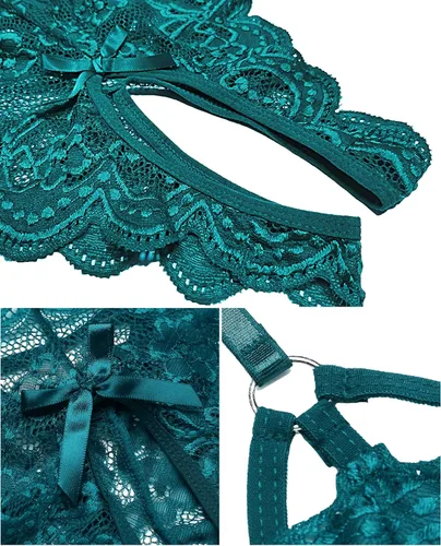 Vista 4 de Ababoon Lencería de encaje para mujer, ropa de dormir de una pieza, babydoll con tirantes delgados, cuello en V