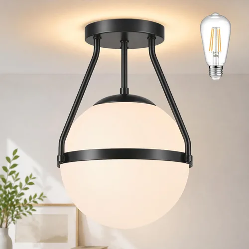 Vista 12 de Bagood Lámpara de techo semiempotrada con forma de globo de mediados de siglo, moderna lámpara de techo de globo de 6" con pantalla de vidrio Negro