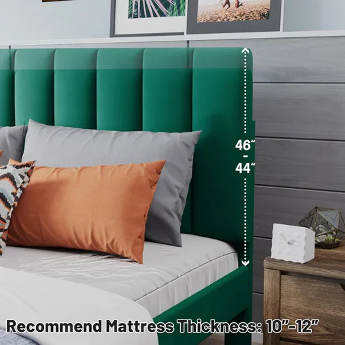 Vista 5 de Base de cama Queen con cabecera ajustable, plataforma tapizada de terciopelo verde, canal vertical acolchonado, listones de madera resistentes, sin