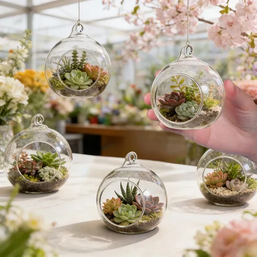 Vista 5 de 5pcs Hanging Glass Terrarium Ball Vase with 4.5cm Opening, Glass Hanging Tealight Holder for Air Plants and Candles, Includes 1.2m Jute Rope for