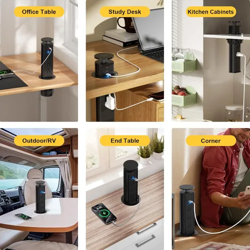 Vista 5 de Kungfuking Toma de corriente desplegable para encimera, enchufe con 3 salidas de CA y 2 PD 20 W USB-C y 1 puerto USB, oficina de conferencias