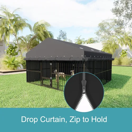 Vista 7 de Perrera para perros de 10 x 15 x 6 pies, casa para perros al aire libre con techo, resistente a todo tipo de clima, jaula grande para perros