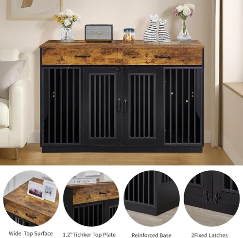 Vista 3 de VECELO Mueble de jaula para perros medianos/grandes, jaula de madera para perros con cajones, puerta doble, mesa auxiliar para perreras, color marrón