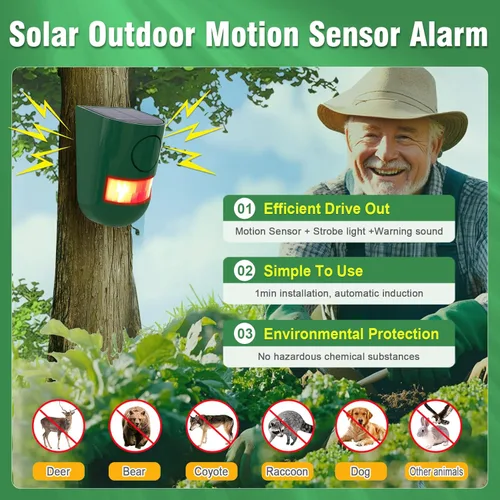 Vista 2 de ChunHee Alarma solar con sensor de movimiento para exteriores, 4 modos de trabajo, alarma activada por movimiento, 129 dB, generador de ruido