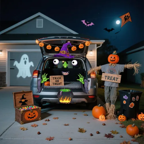 Vista 3 de Kit de decoración de maletero o golosinas, decoración de automóvil de Halloween para SUV, calcomanía de cara de monstruo de bruja aterradora