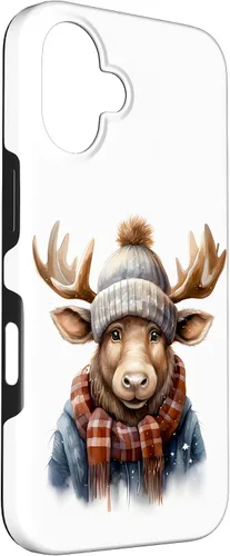 Vista 3 de iPhone 16 Cute Moose con gorro de invierno y funda de bufanda