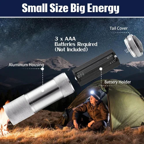 Vista 3 de VIHOSE 20 piezas de linternas mini a granel, linterna de mano brillante de aluminio con cordón, linternas LED pequeñas para lectura nocturna, Blanco
