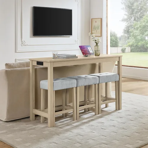 Vista 3 de 59 Inch Bar Table, Dining Table, Sofa Table with Power Outlet, 3 Upholstered Stools, 4 Bar Table and Chair Set for Living Room, Dining Room, Kitchen