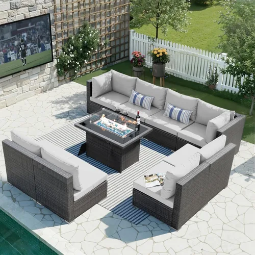 Vista 27 de BULEXYARD Juego de muebles de exterior de respaldo alto de 7 piezas con hoguera, juego de sofá de patio de mimbre duradero para todo tipo de clima