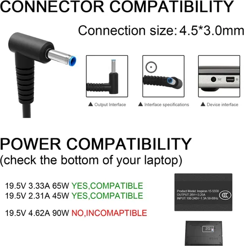 Vista 2 de Cargador compatible con computadora portátil HP 65W 45W Adaptador de energía punta azul inteligente
