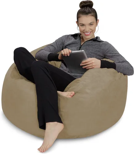 Vista 2 de Sofa Sack - Sillón puff: Puff de espuma viscoelástica de 3 pies, sofá mediano con funda de microfibra suave, color beige