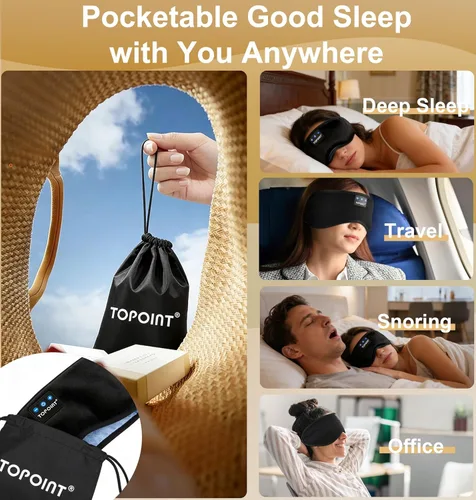 Vista 8 de TOPOINT - Antifaz para dormir con auriculares Bluetooth 5.4 inalámbricos, auriculares para dormir con micrófono, altavoces HD, música, antifaz