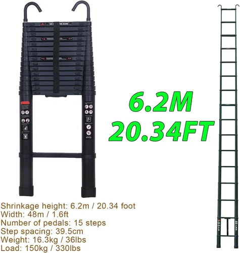 Vista 8 de EN131 - Escalera telescópica de aluminio de 20 pies con 2 ganchos desmontables, ganchos de techo de 2.8 pulgadas, escalera plegable totalmente