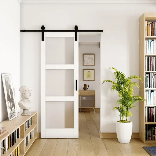 Vista 13 de Puertas correderas de granero de 36 x 84 pulgadas, 5 paneles, puerta interior de vidrio esmerilado templado para habitación con kit de herramientas