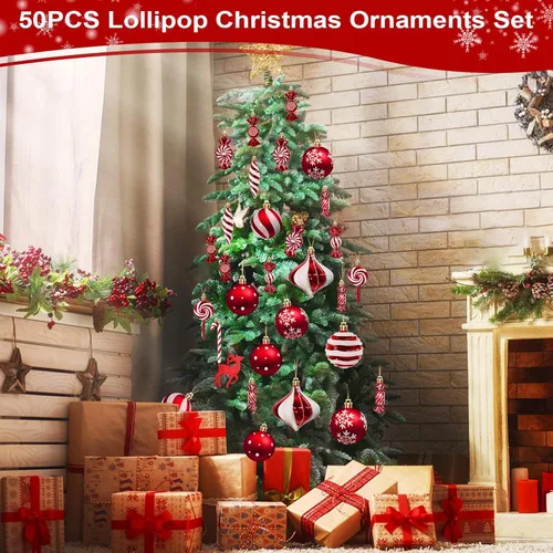 Vista 4 de QBA Juego de 50 adornos para árbol de Navidad, decoraciones de barra de caramelo para árbol de Navidad con cuerdas para colgar, bolas de plástico