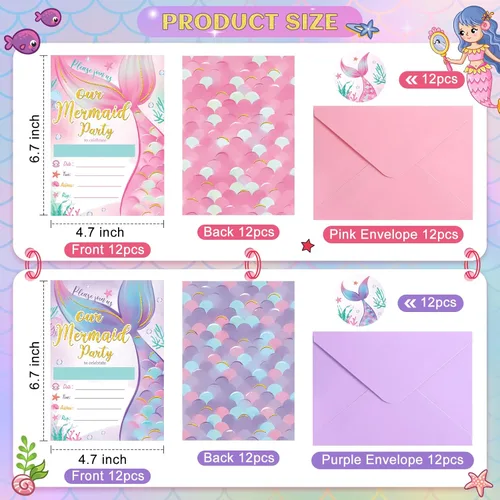 Vista 3 de PerKoop 24 juegos de invitaciones de cumpleaños de sirena incluyen tarjetas de invitaciones de fiesta de sirena, sobres y calcomanías para niñas