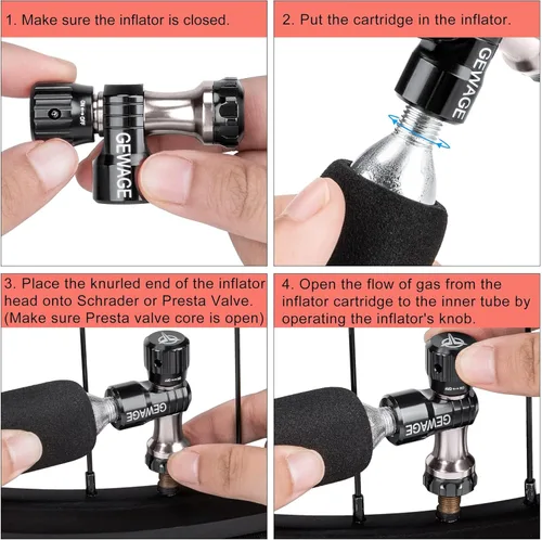 Vista 6 de Inflador de CO2 con 4 cartuchos de 0.56 oz - Bomba de bicicleta de CO2 compatible con válvula Presta y Schrader - Inflador de neumáticos