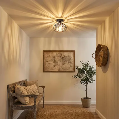 Vista 8 de FRIDEKO HOME Paquete de 2 Luces de Techo Semi Empotradas - Pequeña Lámpara de Araña de Cristal para Pasillo con Jaula de Metal Negro, Accesorio