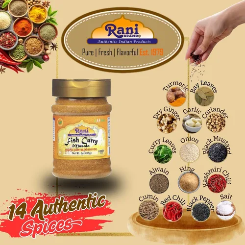 Vista 3 de Rani Fish Curry Masala (mezcla de curry de 14 especias para pescado) Tarro PET de 3 onzas (3.00 oz), tapa agitadora ~ Todo natural Vegano Apto
