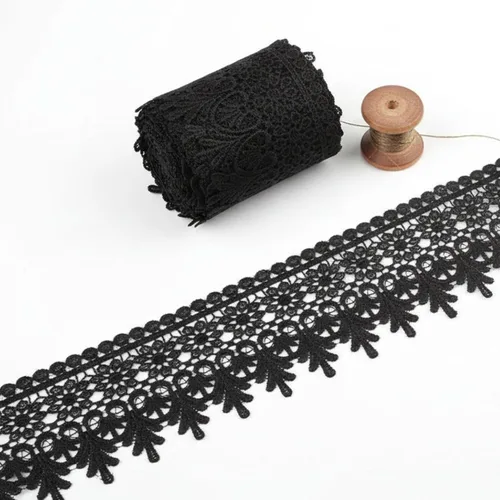 Cinta de encaje bordado floral negro de 3.5 pulgadas de ancho - Cinta de encaje Venecia de 3 yardas para costura, vestido de novia, decoración del