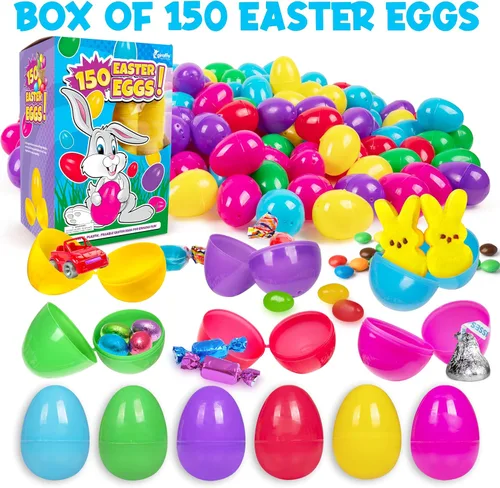 Vista 3 de Giraffe - Paquete de 150 huevos de Pascua rellenables a granel – Huevos de plástico vacíos multicolor para niños – Relleno de cesta de Pascua