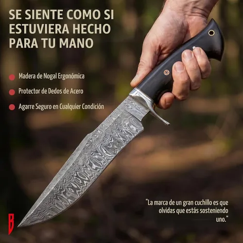 Vista 10 de BIGCAT ROAR Leopard Hunter - Cuchillo de caza hecho a mano de acero de Damasco de hoja fija de 12 pulgadas - Mango de madera de nogal y funda