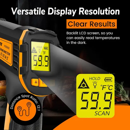 Vista 4 de Termómetro infrarrojo digital pistola de temperatura láser termómetro de carne para cocinar, alimentos, hornos de pizza, parrilla, motor, dulces