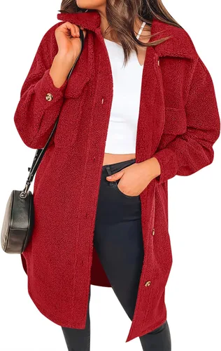 ZESICA Chaqueta larga de forro polar mullido con solapa y botones para mujer parte delantera abierta de piel sintética con bolsillos